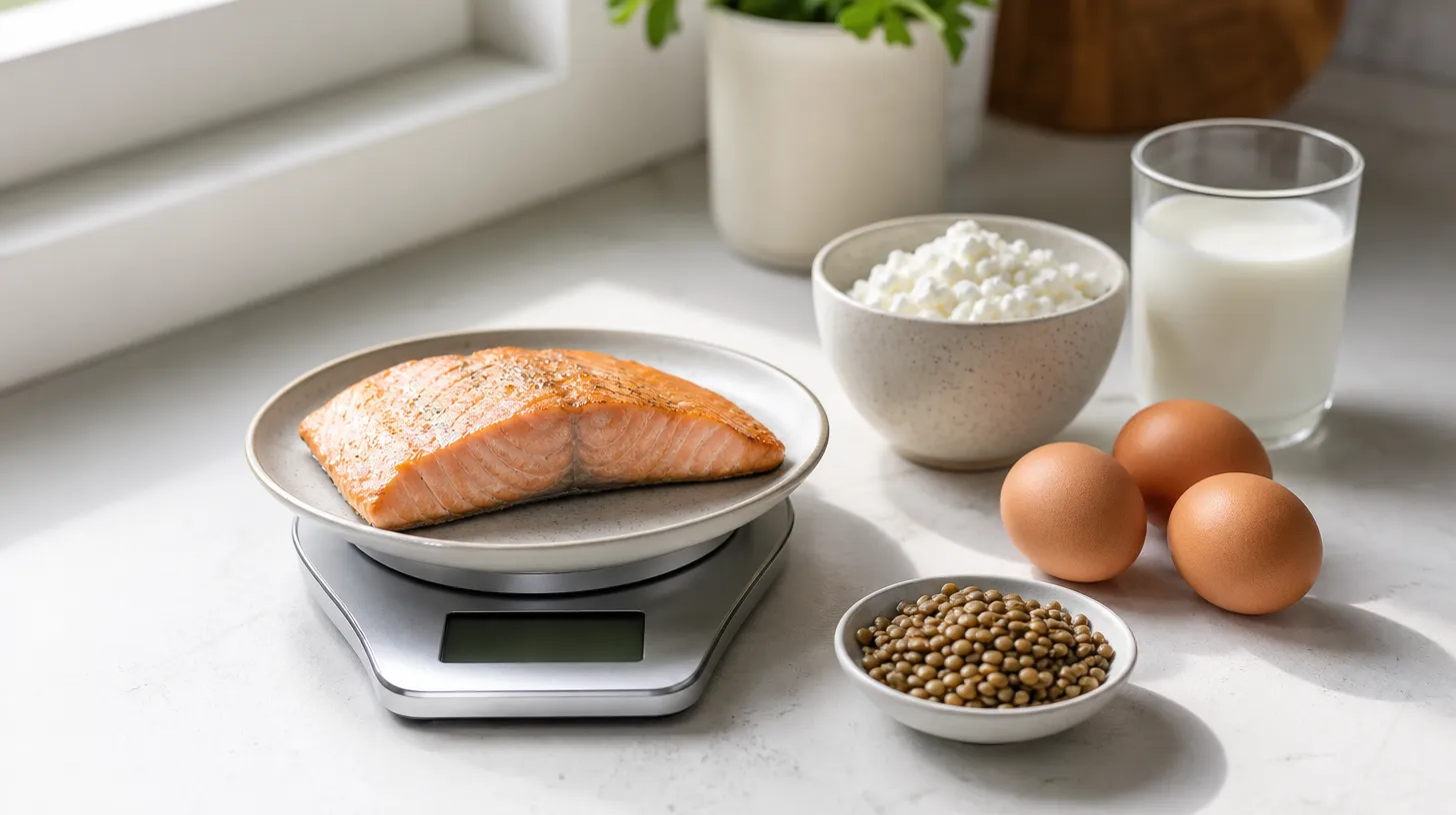 A salmon fillet on a kitchen scale beside cottage cheese, brown eggs, lentils and a glass of milk