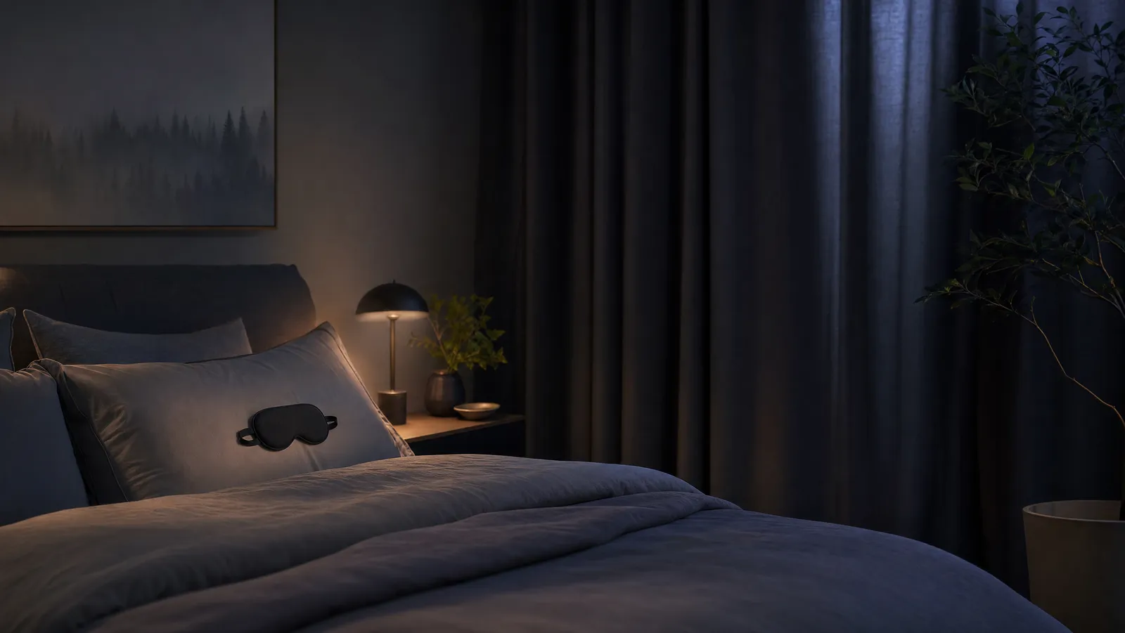 A calm, dark bedroom optimized for sleep with blackout curtains and an eye mask