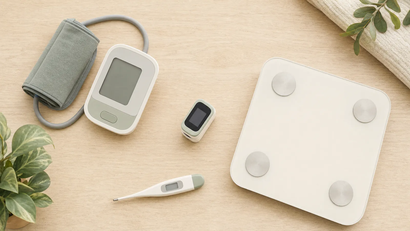 An overhead flat-lay of home health devices: a blood pressure cuff, pulse oximeter, digital scale, and thermometer