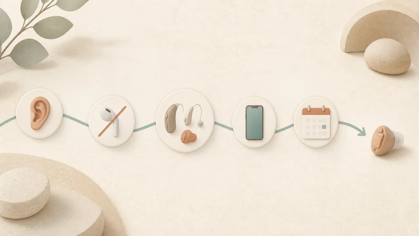 A winding path across a pale surface passing five icon waypoints and ending at a single small in-ear hearing aid