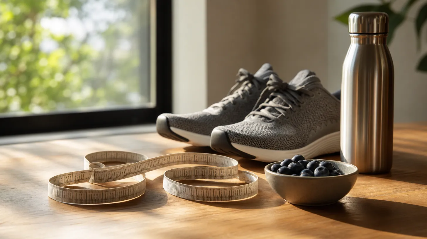 A cloth measuring tape coiled on a wooden table beside running shoes, a water bottle and blueberries