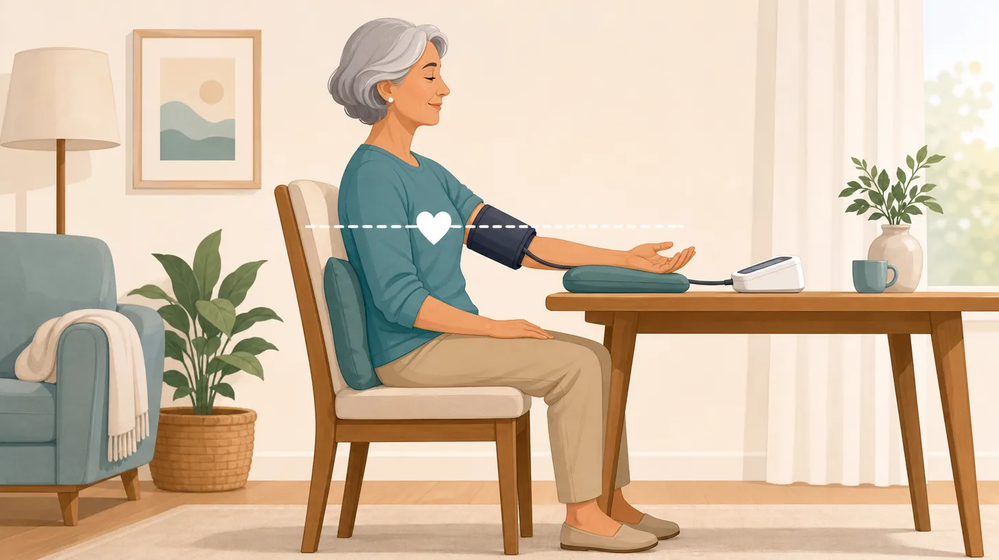 An older adult seated with back supported and arm resting at heart level taking a blood pressure reading at home