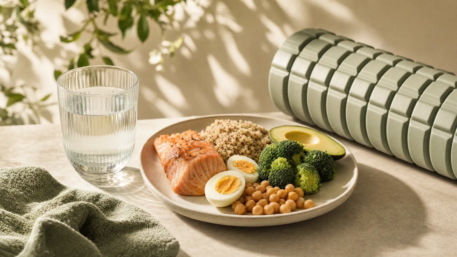 A glass of water, healthy food, and recovery tools arranged on a bright surface