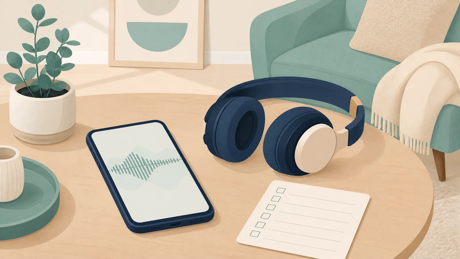 A smartphone showing a sound waveform beside over-ear headphones and a blank checklist card on a quiet tabletop