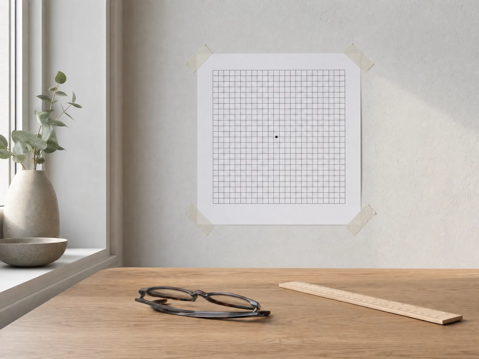 A printed Amsler grid taped to a pale wall above a table holding folded reading glasses and a wooden ruler