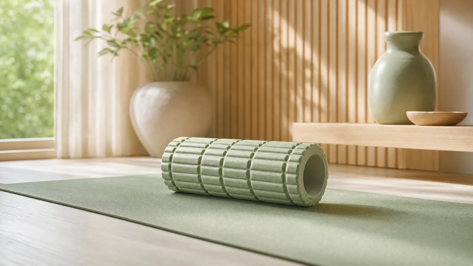 A foam roller on an exercise mat ready for use in a bright room
