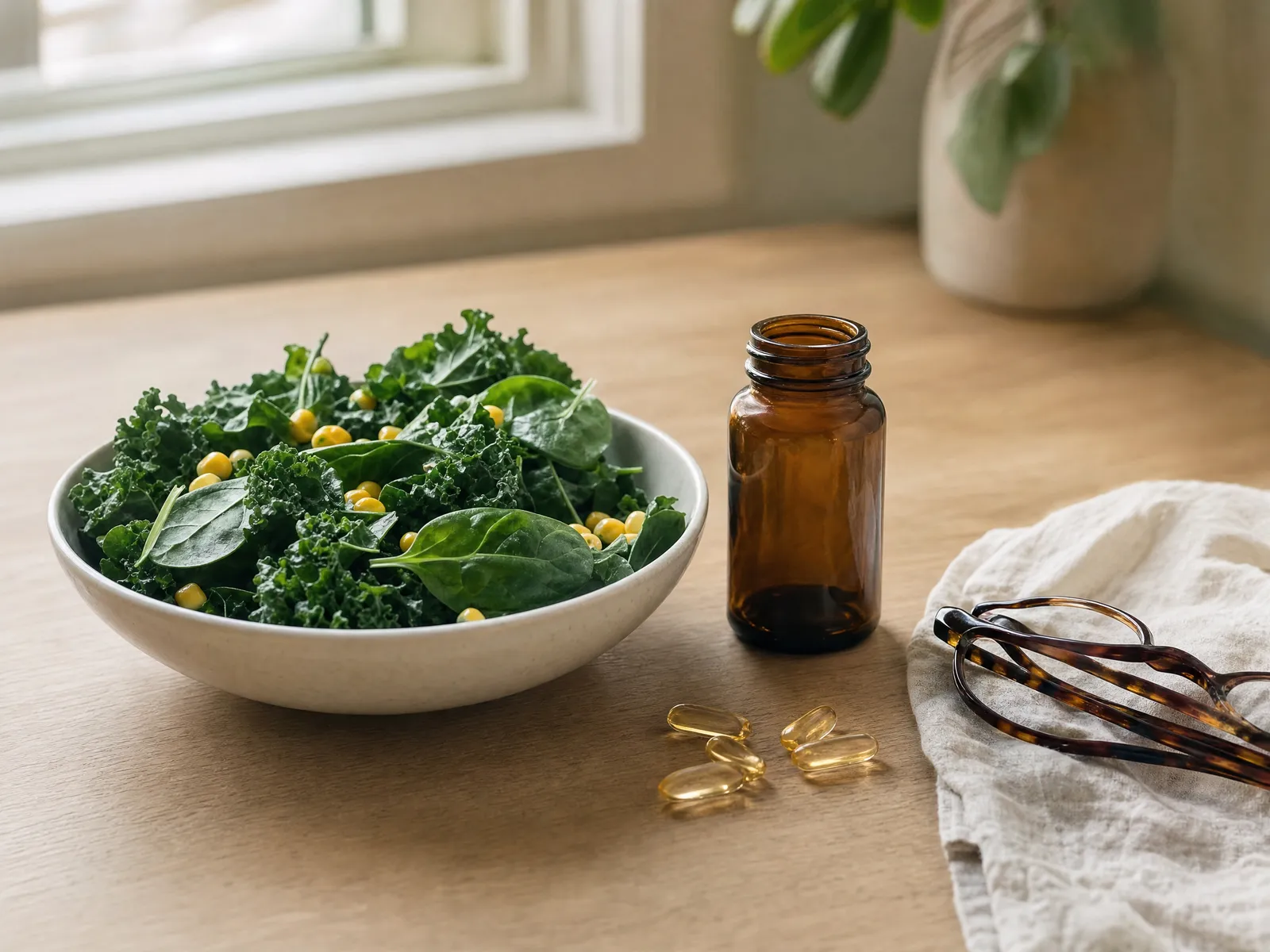 A pale ceramic bowl of kale, spinach and corn beside an unlabeled amber supplement bottle with golden softgels on a sunlit oak table