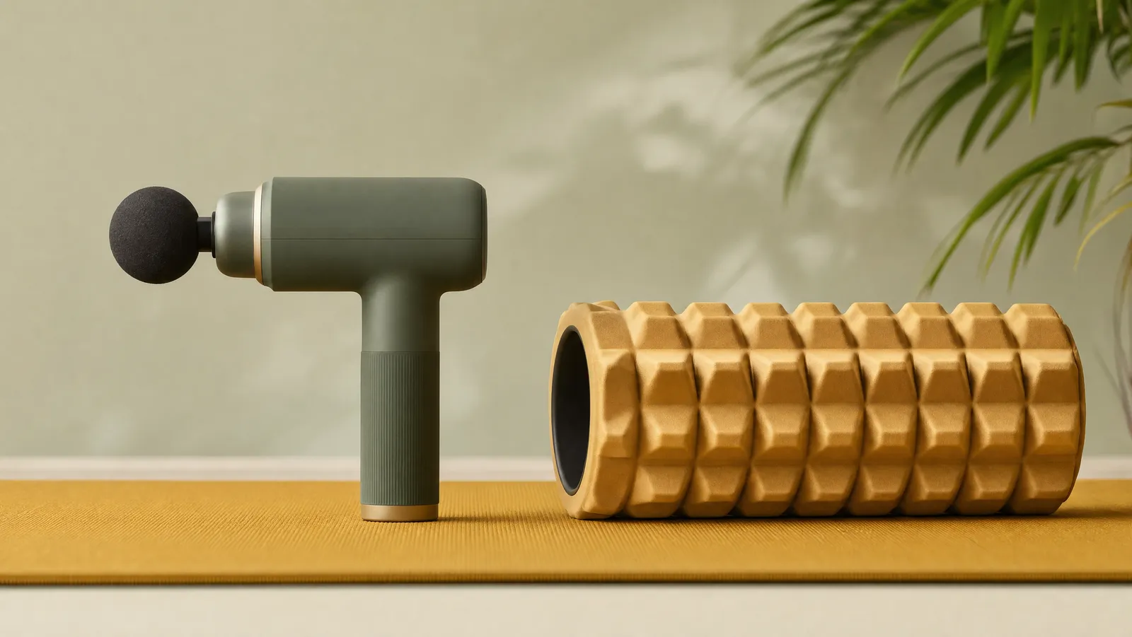 A massage gun and a foam roller side by side on a bright exercise mat
