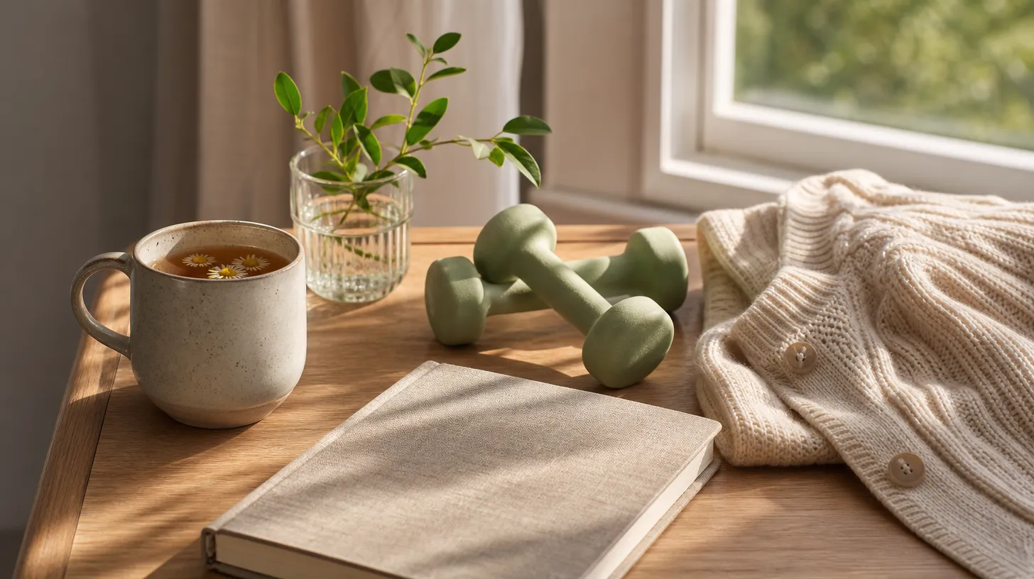 A mug of herbal tea, light hand weights, a linen journal and a folded cardigan on a sunlit side table