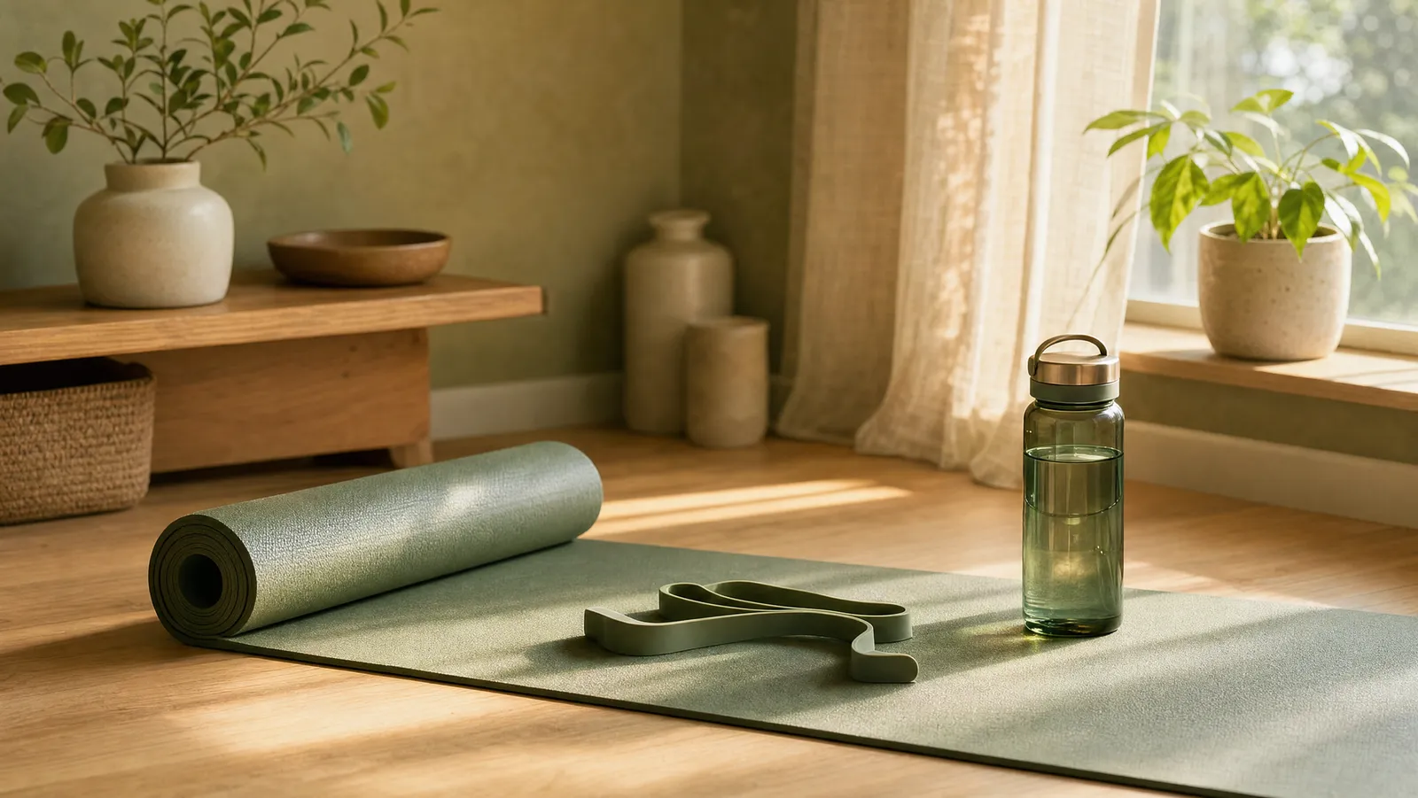 An older person's exercise space with a mat, resistance bands, and a water bottle in warm light