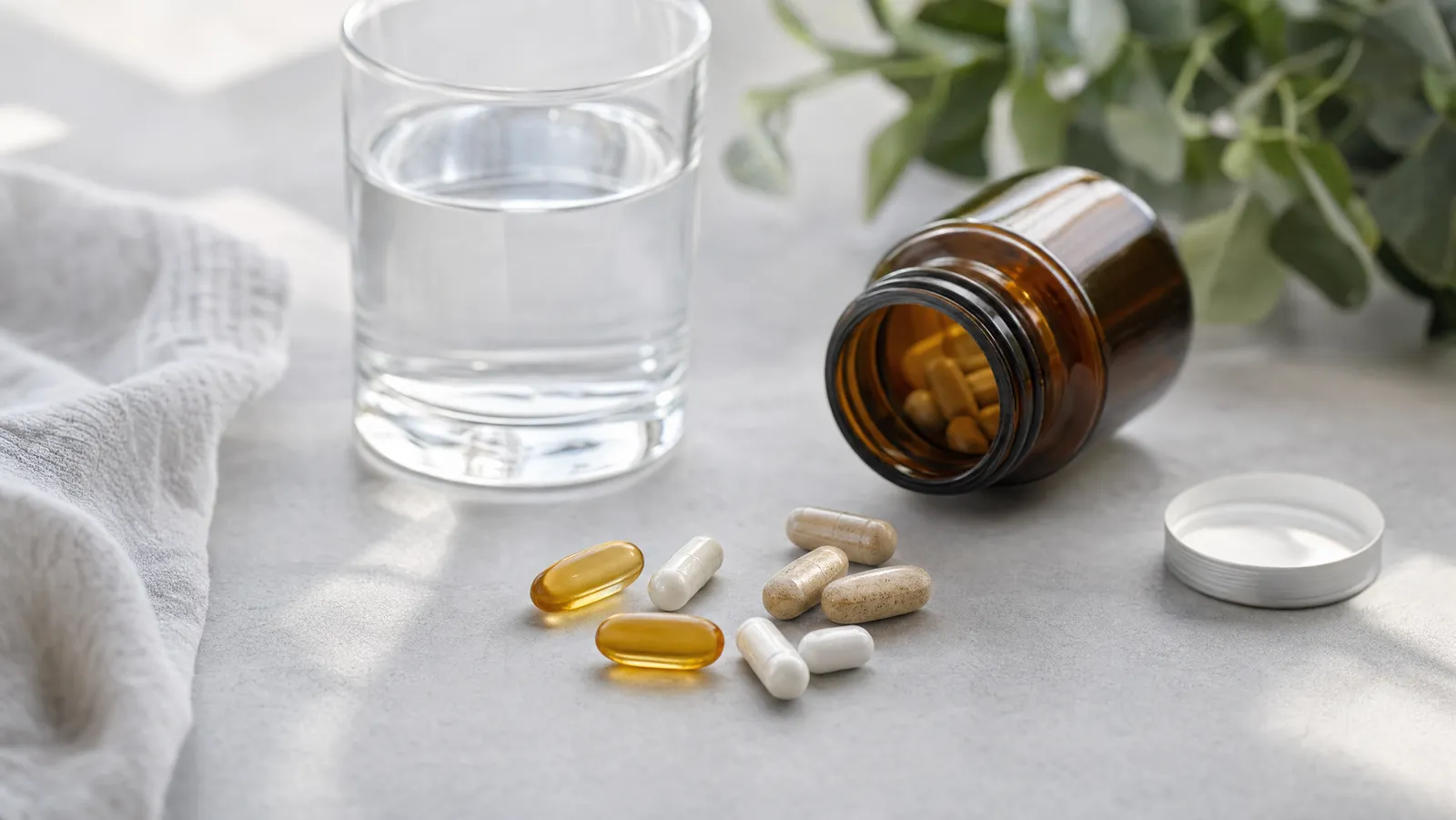 An assortment of multivitamin supplements and a glass of water on a clean surface