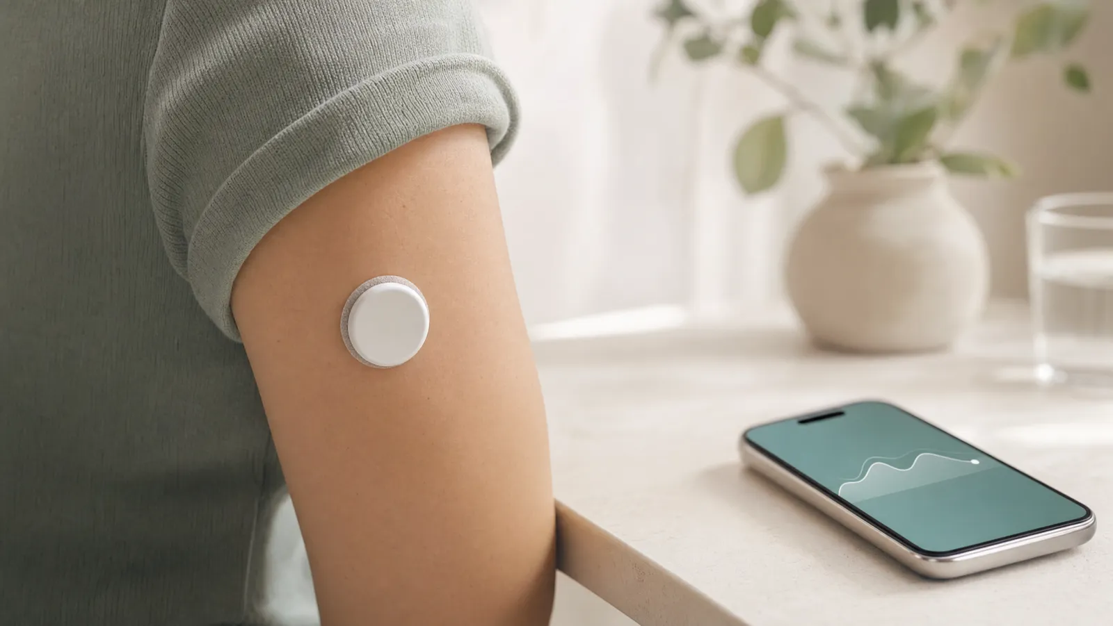 A round continuous glucose sensor worn on the back of an upper arm beside a phone showing a glucose trend line