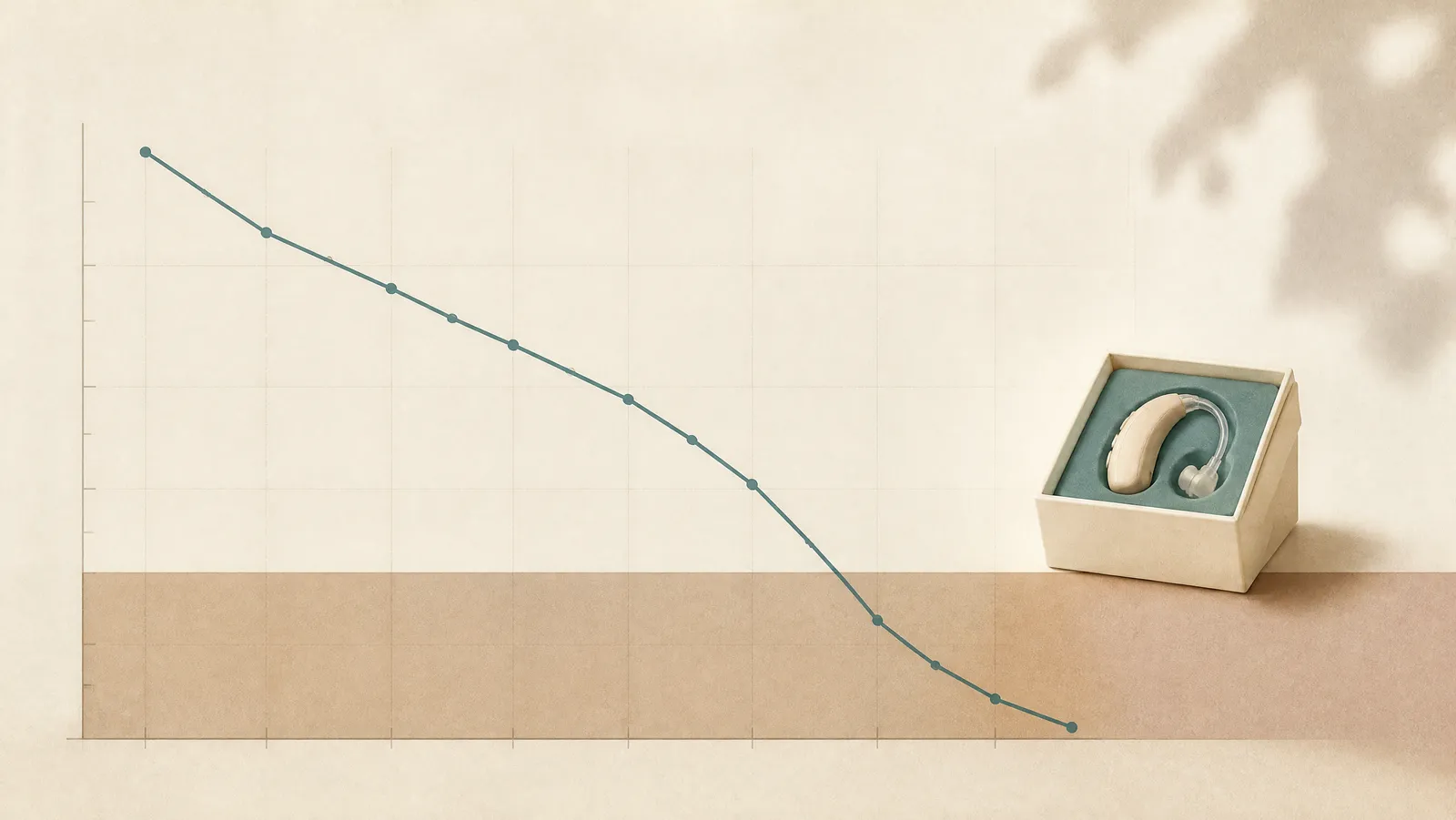 An unlabeled audiogram curve descending out of a pale band into a darker shaded zone, with a small retail hearing-aid box stopped at the edge of the band
