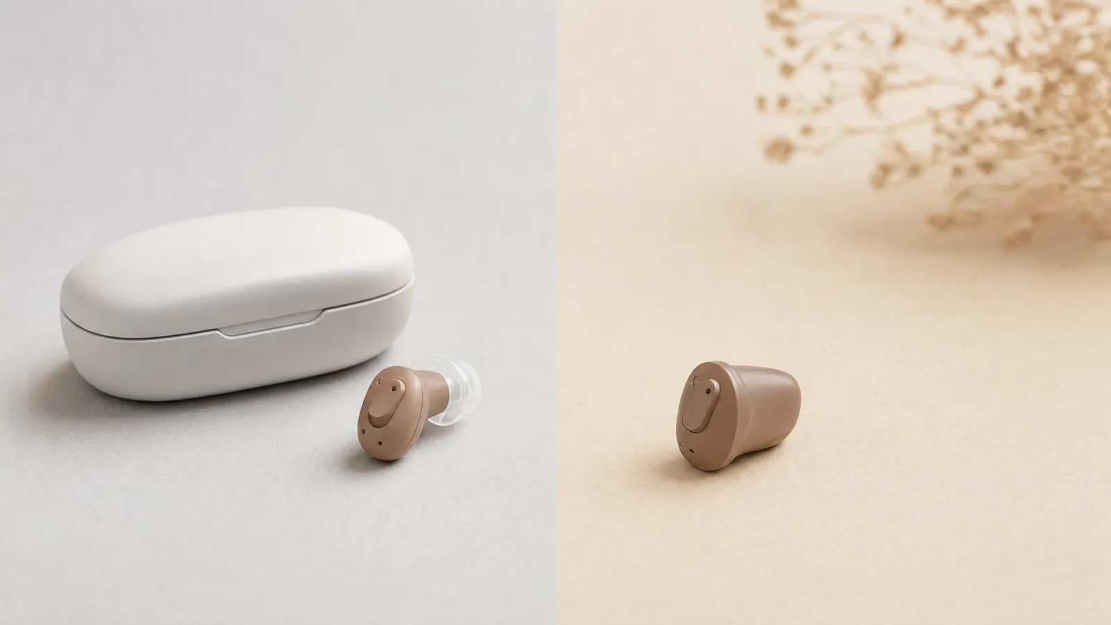 Two nearly identical small in-ear listening devices side by side on a surface split between cool grey and warm sand