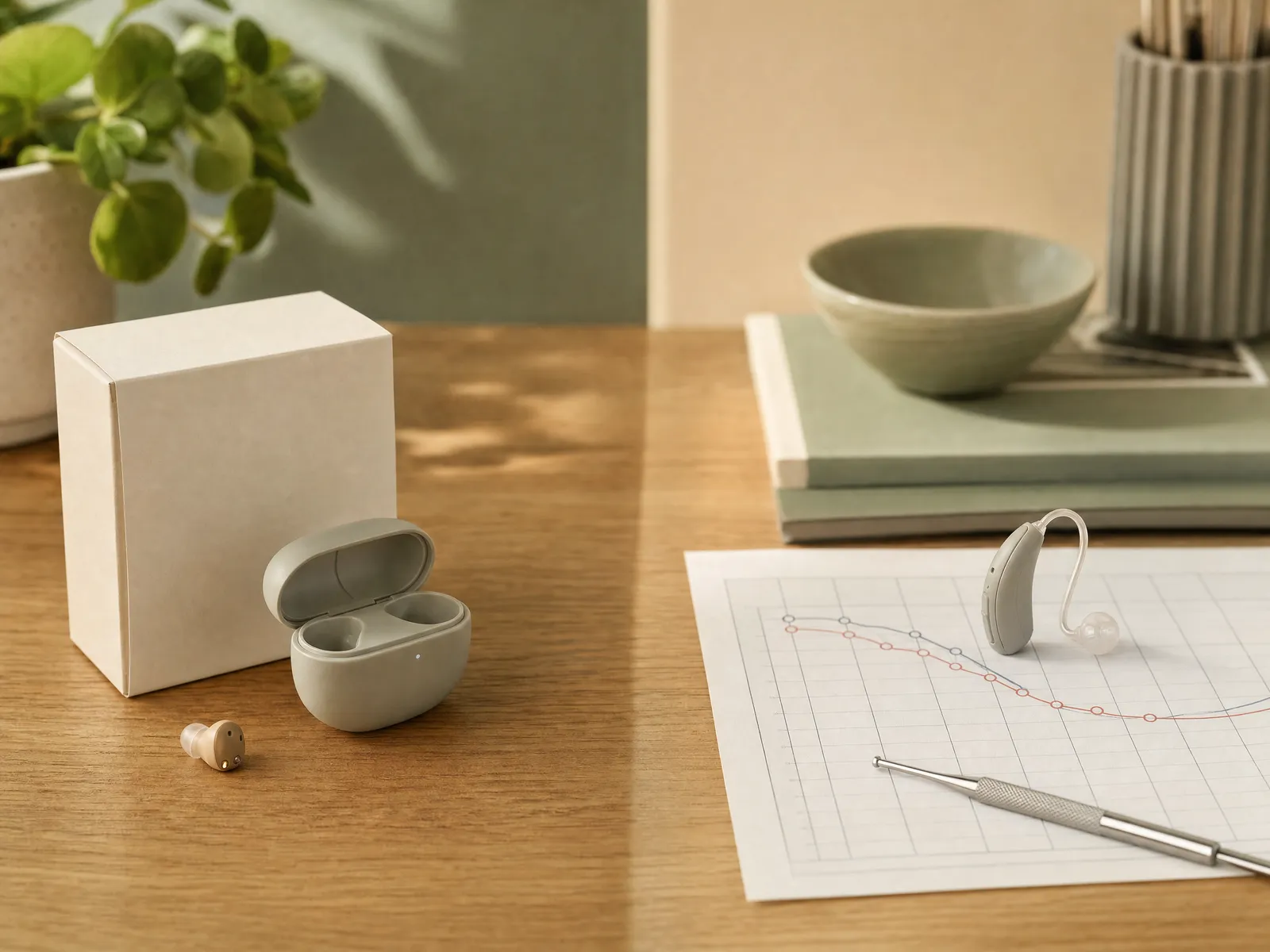 A retail hearing aid box on one side of a table and a clinician’s audiogram chart and fitting tool on the other
