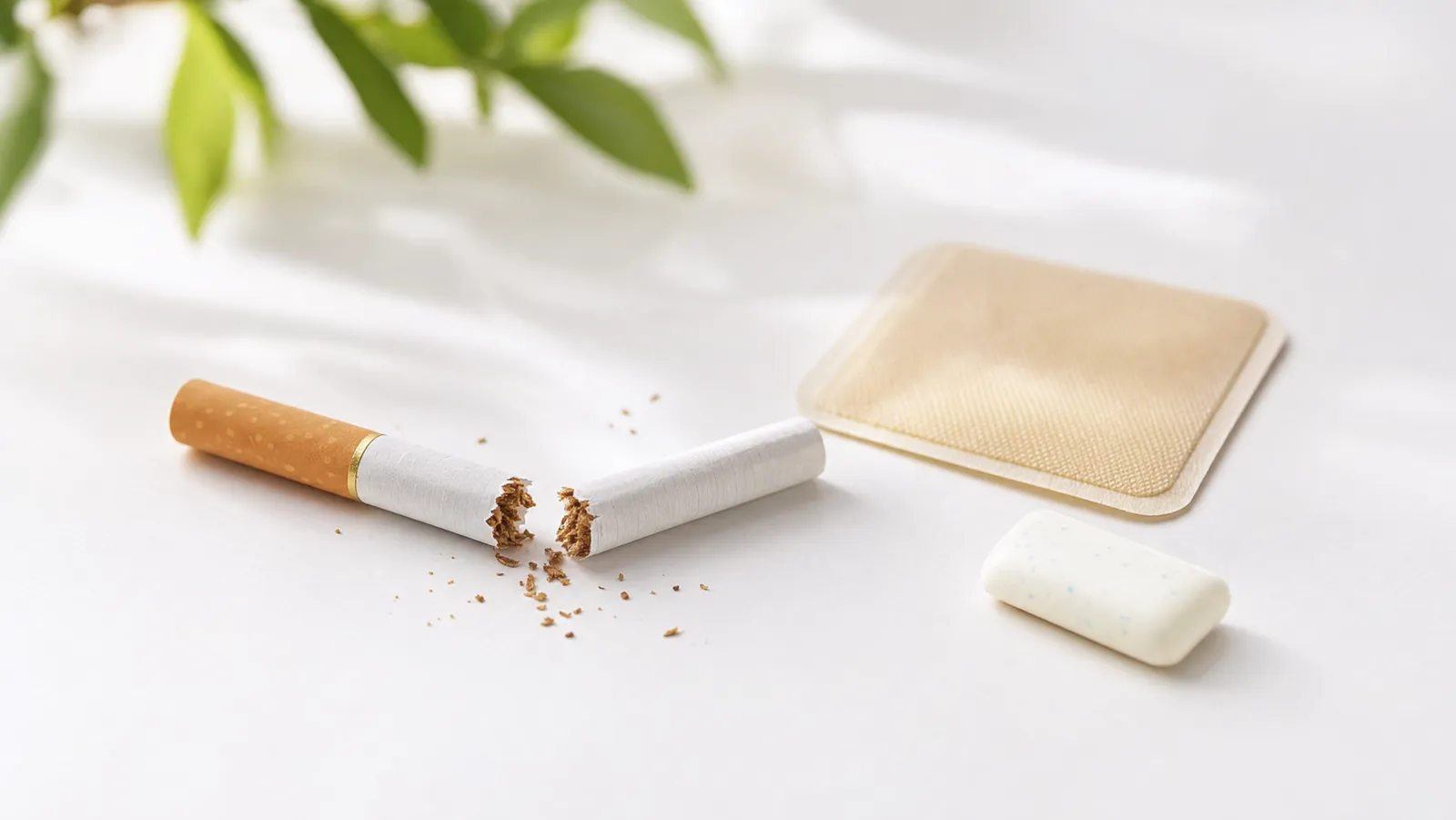 A broken cigarette beside a nicotine patch and gum, symbolizing quitting smoking