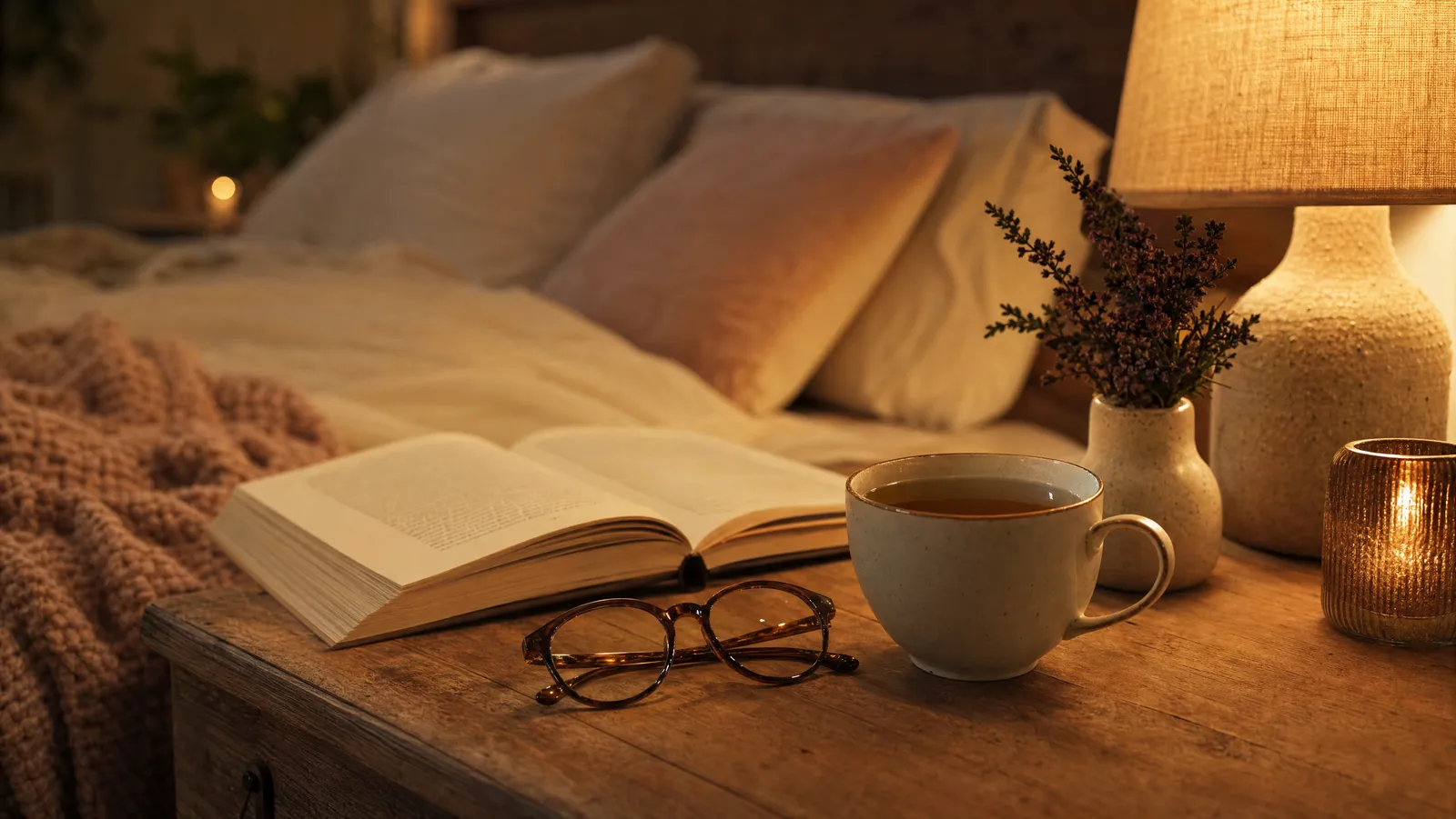 A peaceful bedtime wind-down with herbal tea, a book, and a warm lamp on a nightstand
