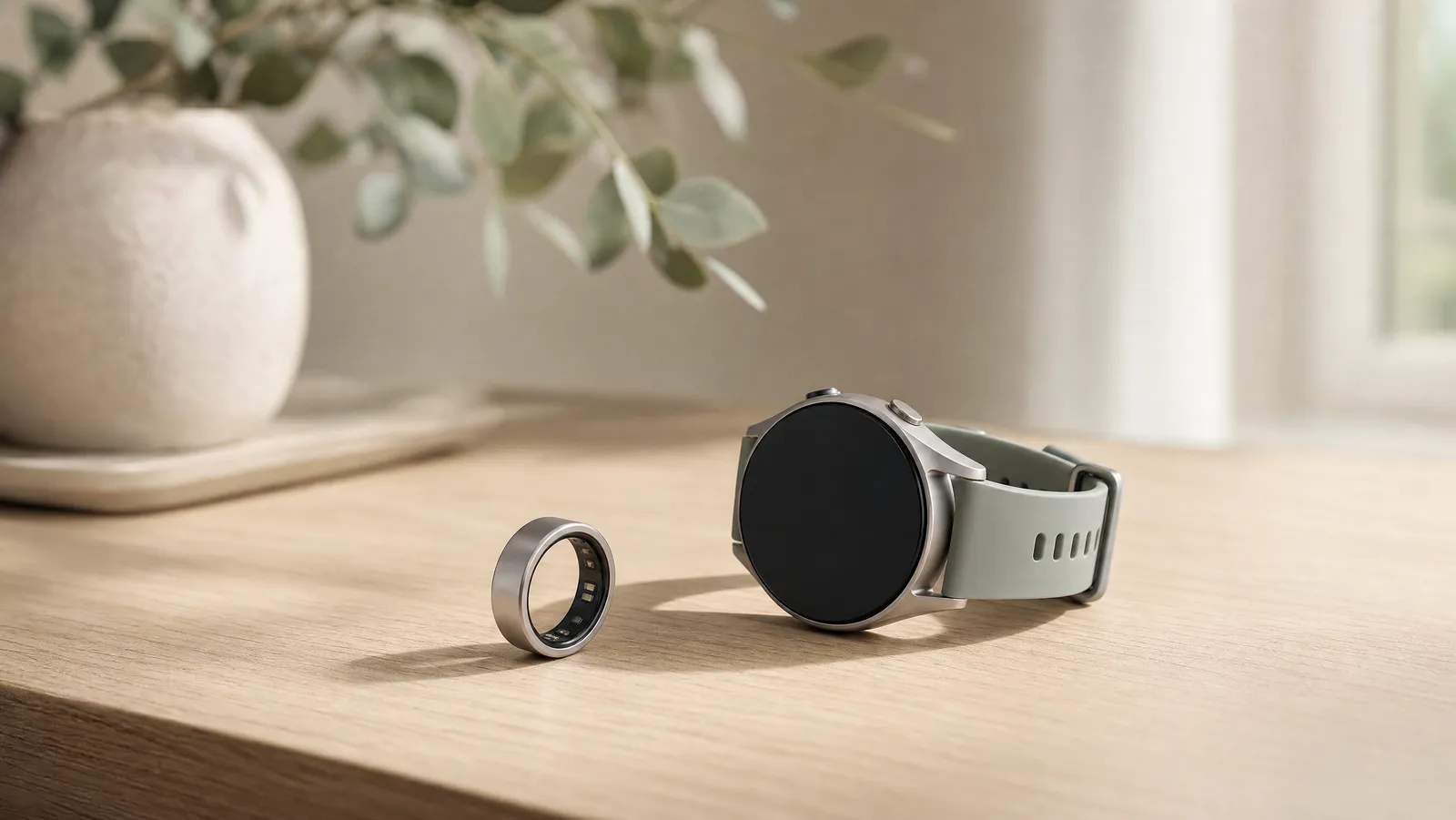 A titanium smart ring and a fitness smartwatch side by side on a wooden table in morning light