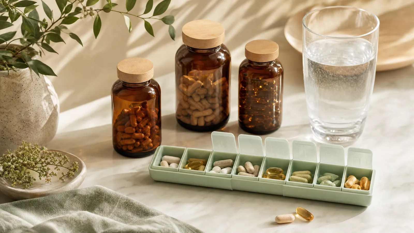 A weekly pill organizer, supplement bottles, and a glass of water on a clean surface