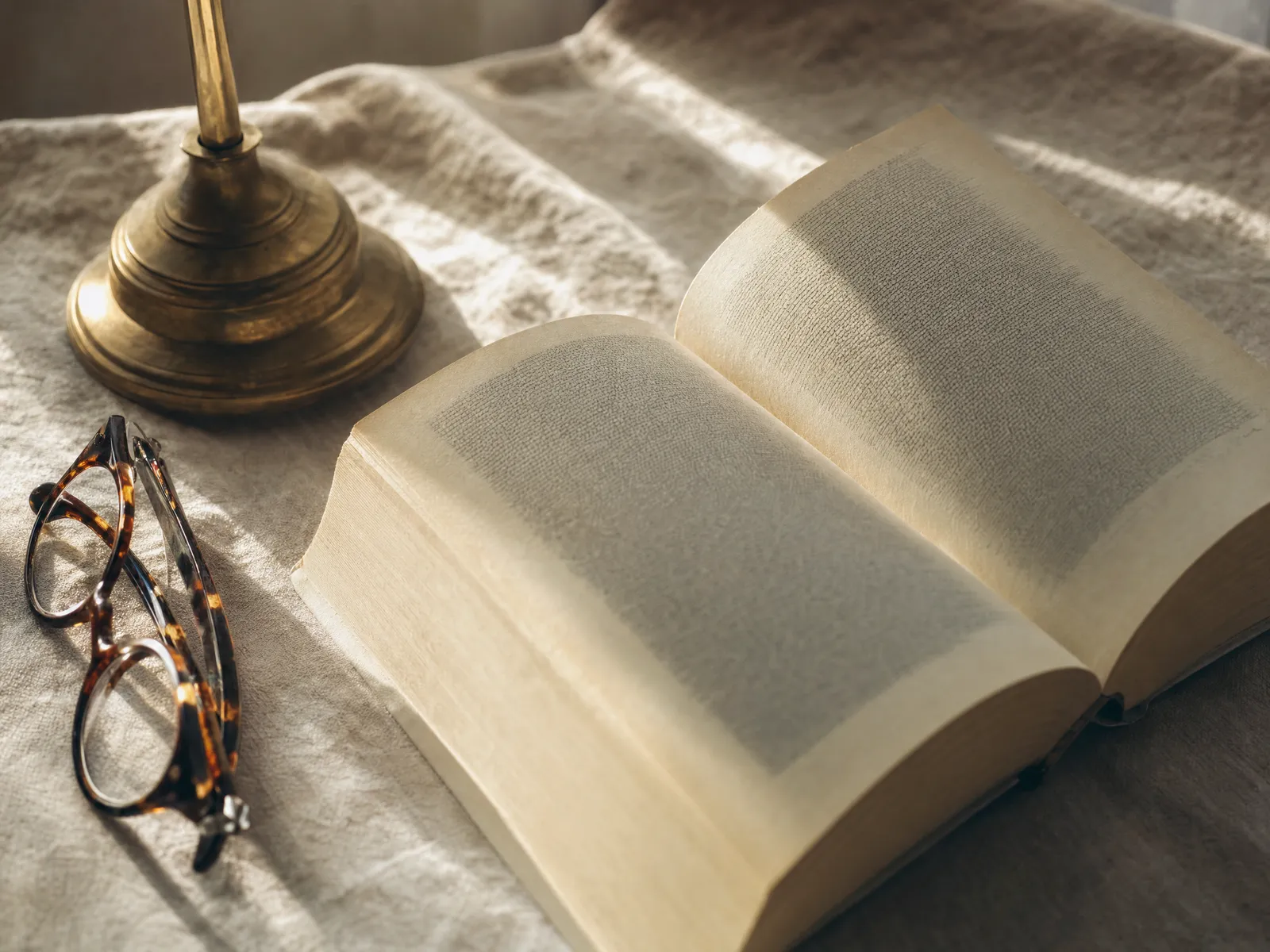 An open book on pale linen in warm lamplight with folded tortoiseshell reading glasses beside it