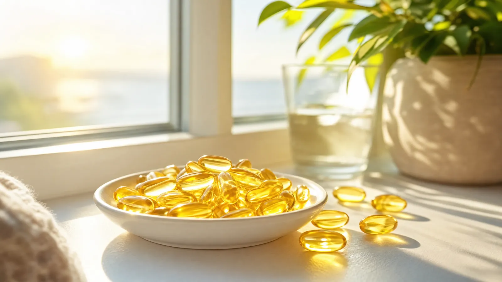 Vitamin D3 softgel capsules in sunlight near a window