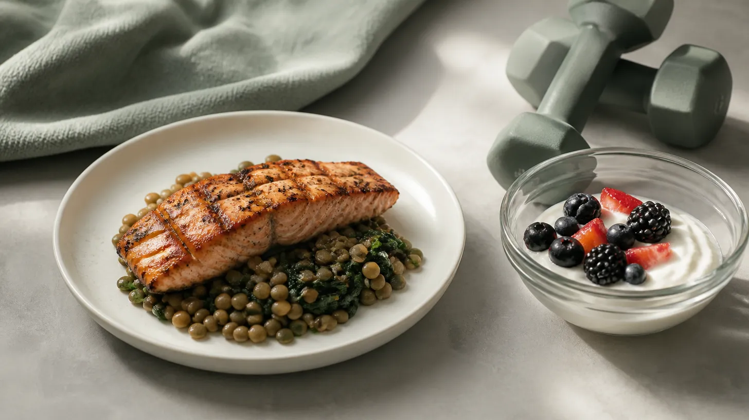A plate of grilled salmon and lentils beside Greek yogurt with berries and a pair of small dumbbells