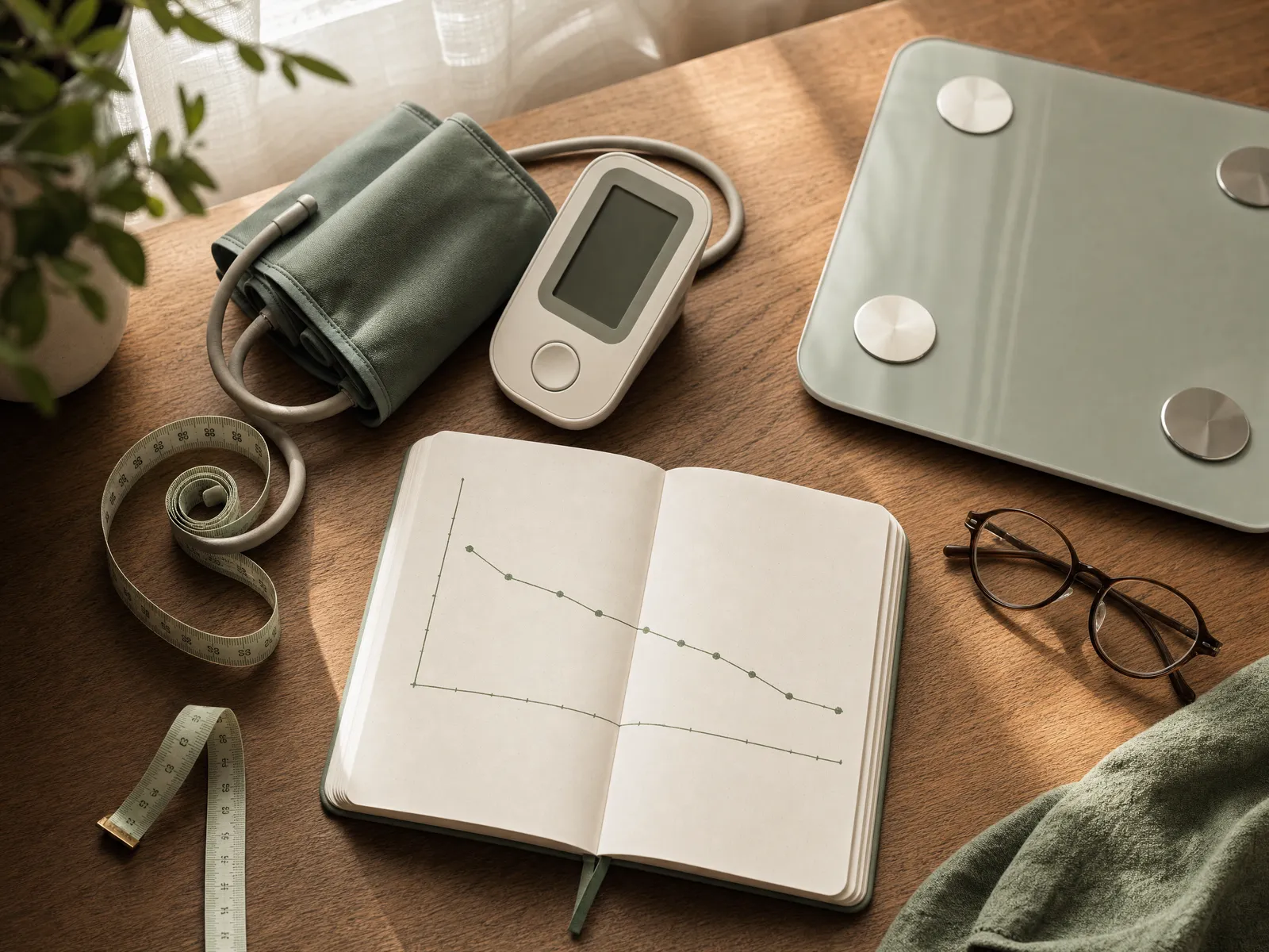 An overhead flat-lay of a blood pressure cuff, digital scale, tape measure, and an open notebook charting home readings