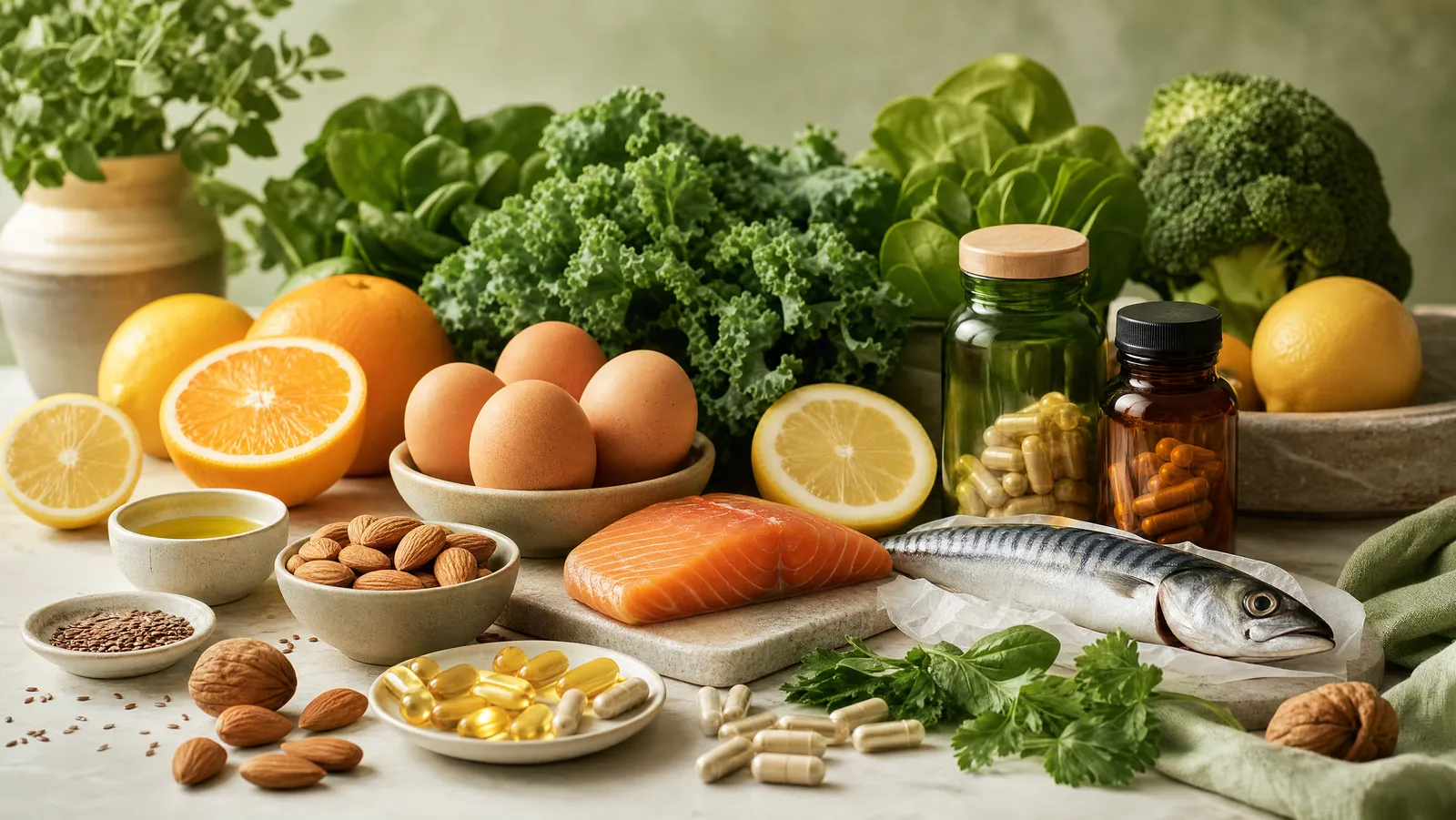 Colorful fruits, vegetables, and vitamin capsules arranged on a bright kitchen surface