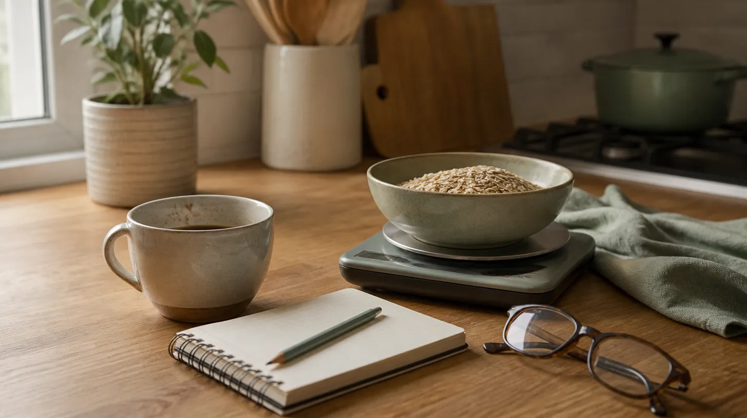 A notebook, black coffee, and a kitchen food scale holding a bowl of oats on a morning kitchen counter